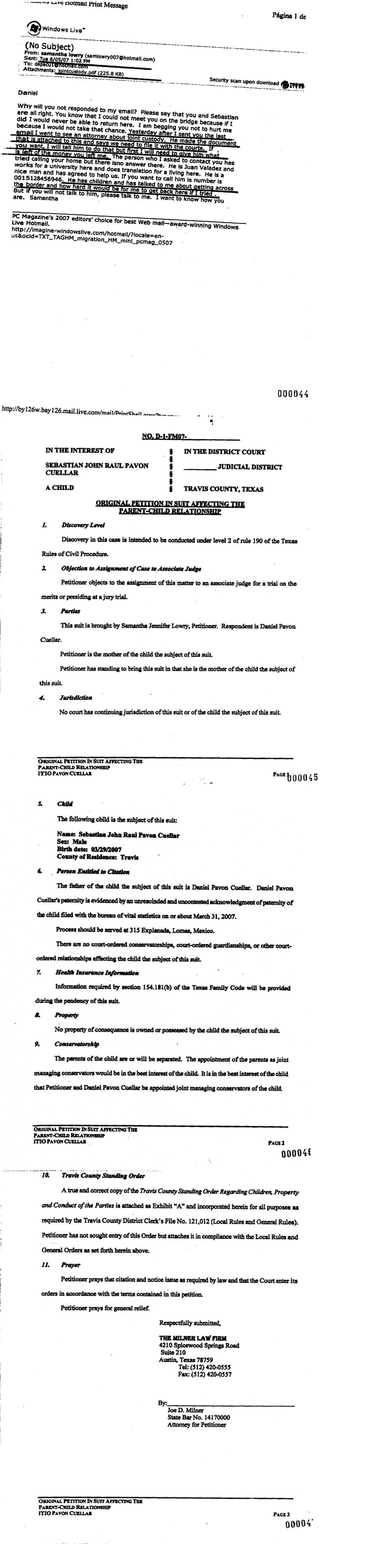 CRIME: Samantha Sent This, To Conceal The Real Proceedings,
Without Attachment, Not Filed, And Used The $2000 Daniel Provided,
For Her Trip To Mexico City. Samantha Lowry, An Illegal Alien in Texas, 
Samantha Abandoned Her Child Expected To Die in Mexico, On May 28,
Prevent By All Means Daniel And Sebastian Return To Austin Texas..
Samantha Refuse To Send Their Travel Documents Since June 1
